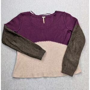 Free People Beach Womens Color Block Sweater Size XS Magenta Cream Brown Merino